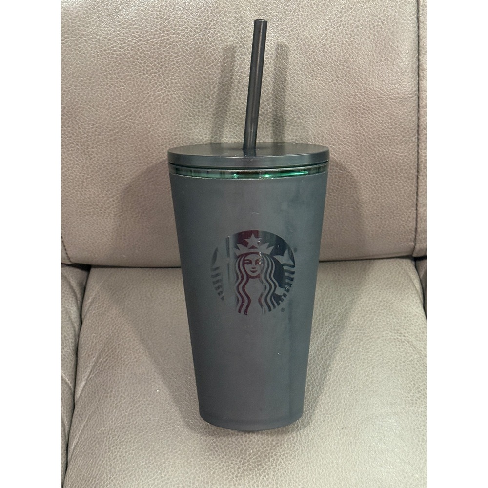Starbucks Matte Black green Cold Cup Tumbler 16oz Siren Logo Reusable 011120477